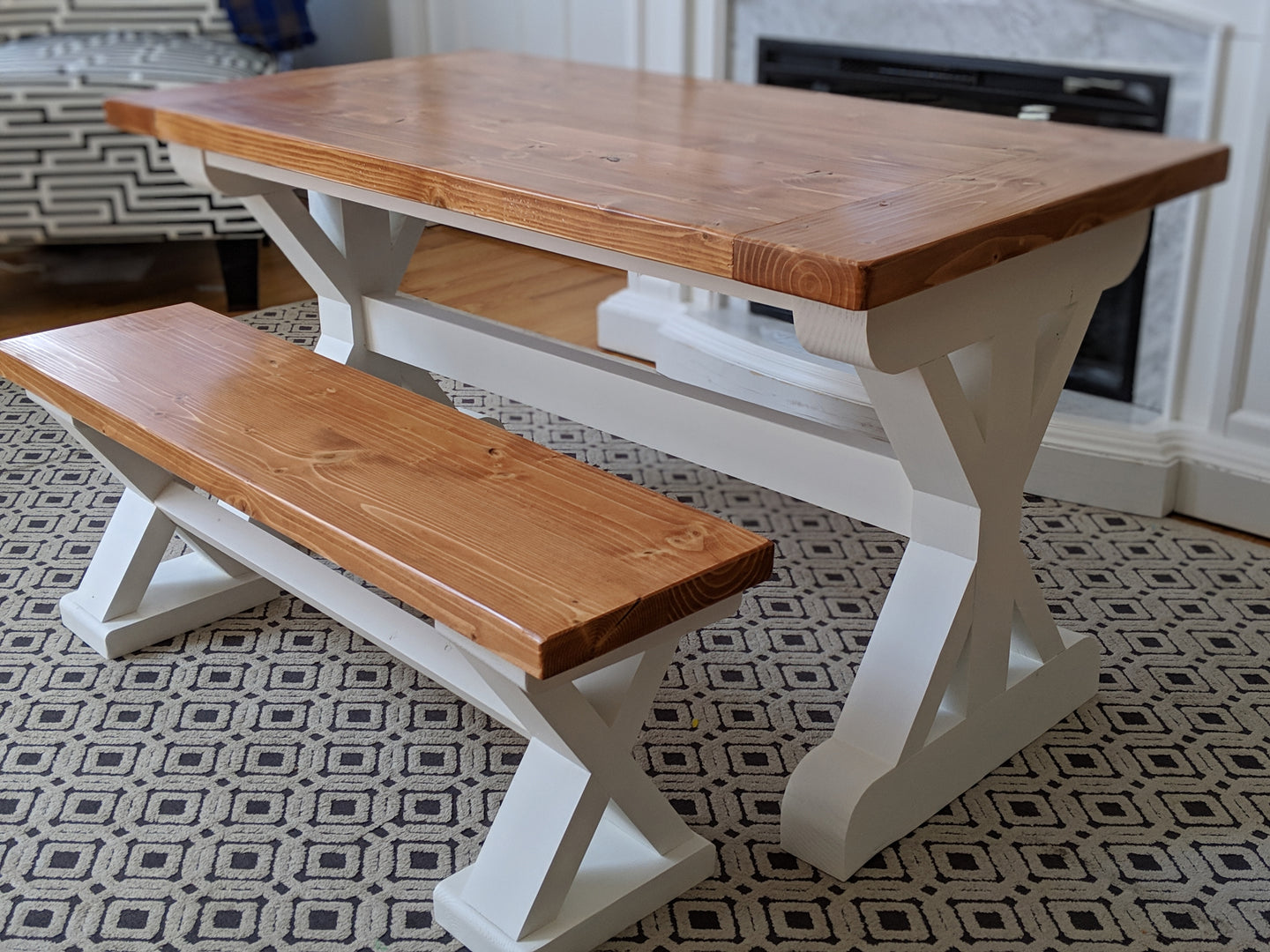 Custom designed and custom handcrafted kids dining table.  The perfect kids farmhouse table and bench or it could be the perfect kids farmhouse desk.  Custom handcrafted in Groton, MA using hand selected high quality lumber in Groton, MA.